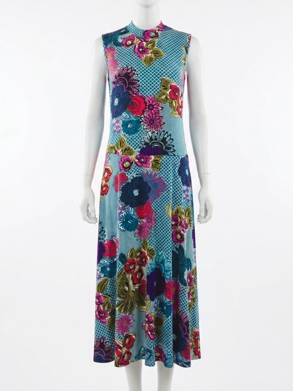 Maeve Anthropologie Boho Floral High Neck Sleeveless Midi Dress A+line 2X - Blue